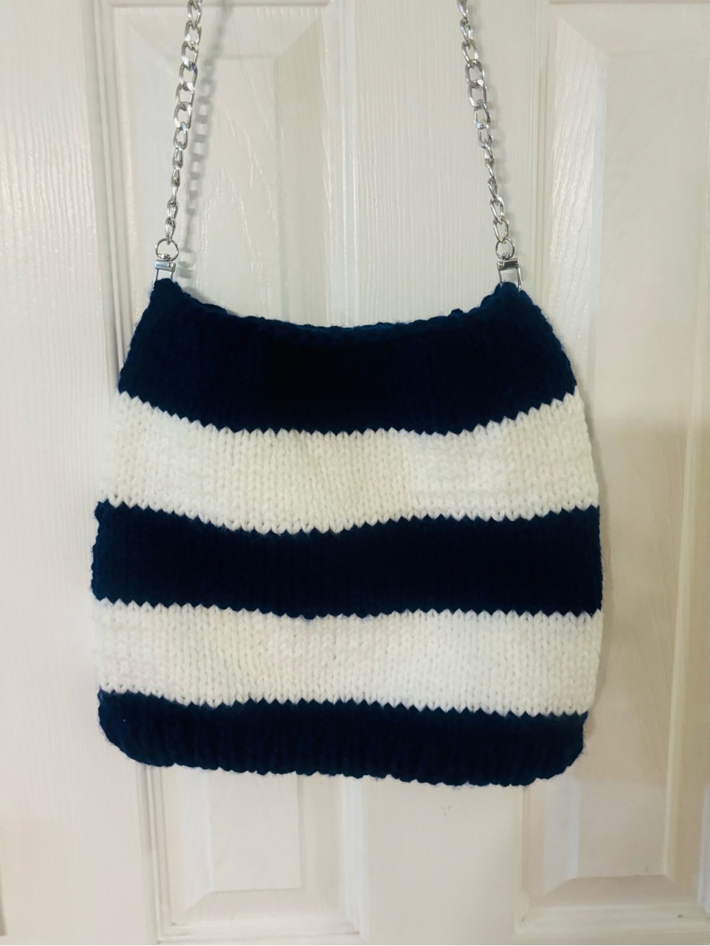 Striped Navy and White Knit Chain Crossbody Bag